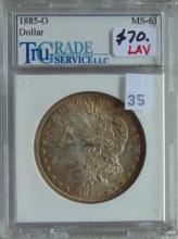 1885-O Morgan Dollar Tru Grade MS63 (toned).