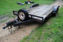 **T** 1989 Flatbed trailer, approx. 77"x16', tandem axle with stake pockets, 5-bolt wheels, winch, s