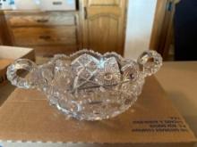 Vintage Imperial cut glass "NuCut...2 handles serving bowl, Vintage pinwheel crystal cream pitcher