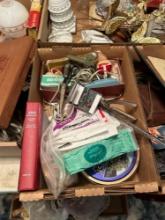 Large glass tin full of buttons,... sewing accessories, etc.