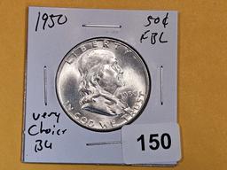 Very Choice Brilliant Uncirculated 1950 Franklin Half Dollar FBL