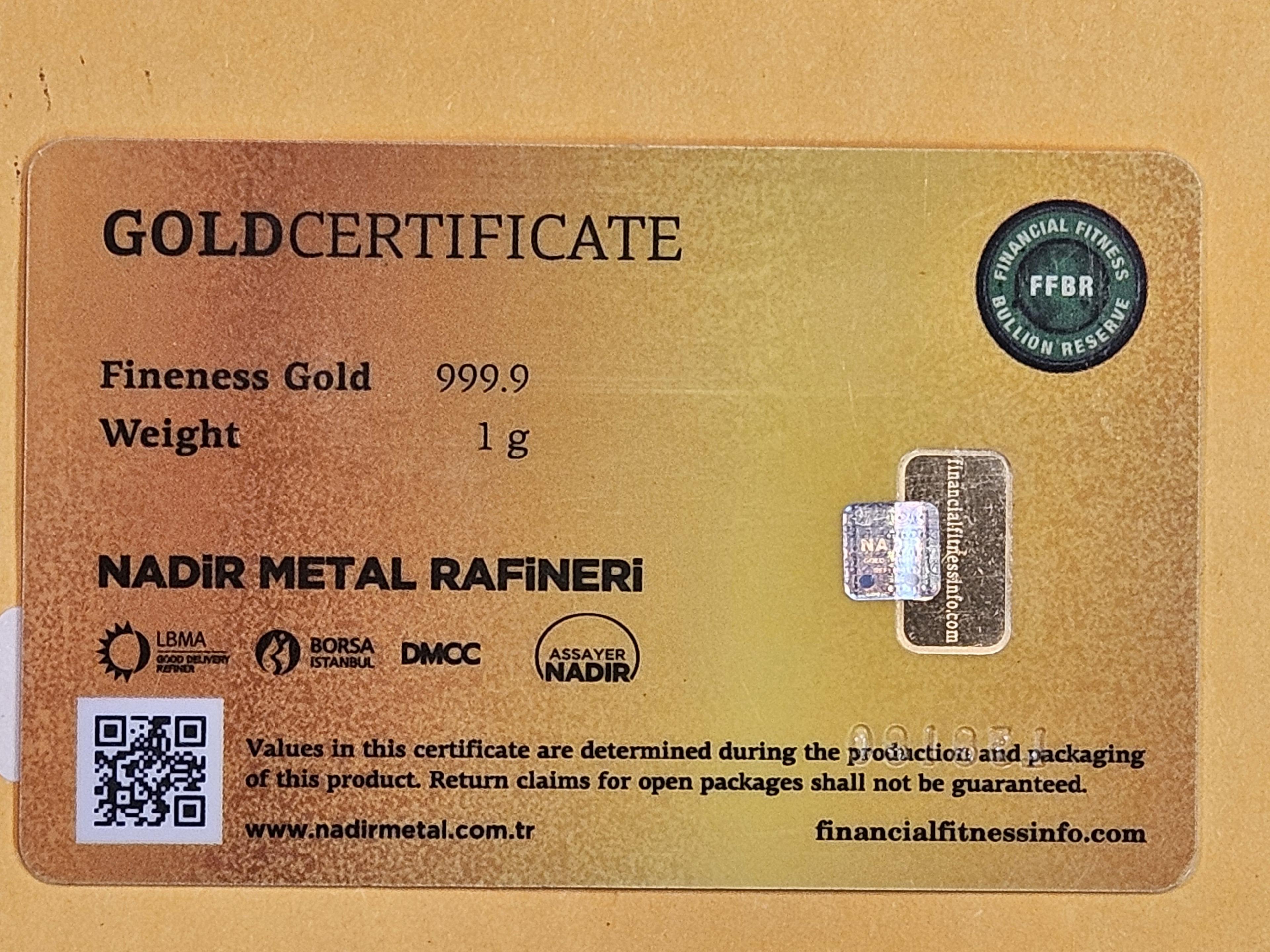 GOLD! Nadir One Gram .9999 fine gold bar