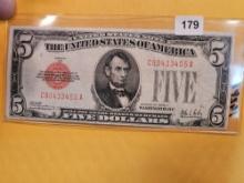 Series 1928-A $5 Red Seal US Note in Very Fine plus