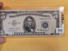 1953-A Five Dollar Silver Certificate STAR Replacement in Extra Fine plus