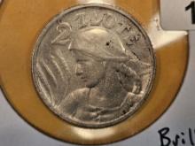 ** KEY DATE ** 1924 Poland silver 2 zlote in Brilliant Uncirculated