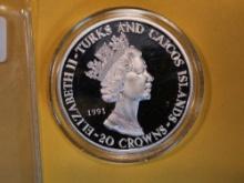 1994 GEM Proof Deep Cameo Turks & Caicos Islands silver 20 Crowns