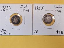 1837 Capped Bust and 1853 Seated Liberty Half-Dimes