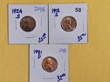 1924-S, 1912-S and 1931-D Wheat cents