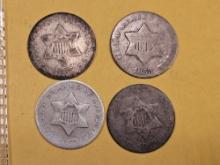 Four 1853 Three Cent Silver Trimes
