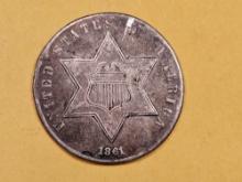 1861 Three Cent Silver Trime in Extra Fine plus - details