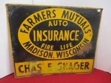 LOCAL ITEM-Farmer's Mutual's Insurance Madison, WI Tin Advertising Sign