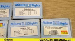 Millett Sights. Like New. Lot of 10; 8 Stake on Front Sight, 1 Custom Combat Sight, 1- Empty Box for