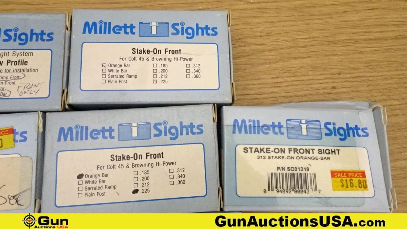 Millett Sights. Like New. Lot of 10; 8 Stake on Front Sight, 1 Custom Combat Sight, 1- Empty Box for