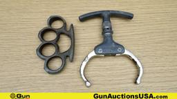 Argus, Etc. ANTIQUE Handcuffs, Etc. . Good Condition. Lot of 6; 1-Black Jack Leather SAP Stick. 2- C