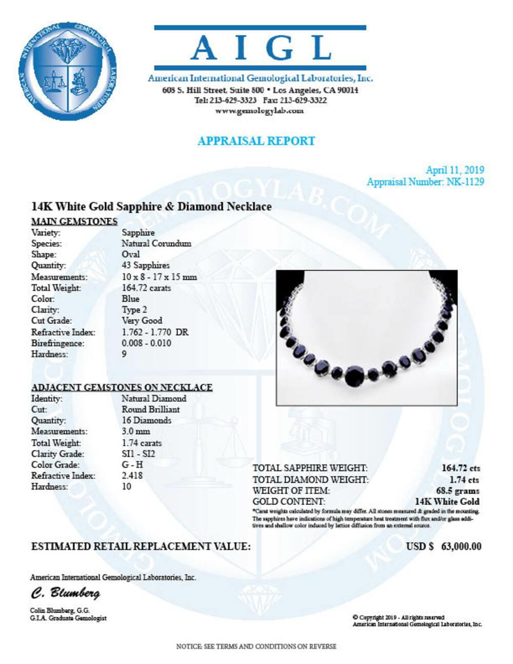 14K White Gold 164.72ct Sapphire and 1.74ct Diamond Necklace