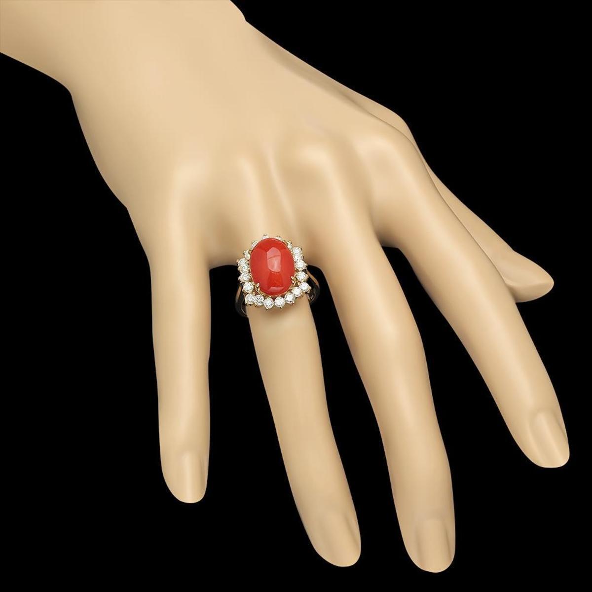 14K Yellow Gold 5.68ct Coral and 1.01ct Diamond Ring