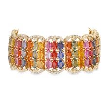 14K Yellow Gold 67.35ct Multi-Colored Sapphire and 4.89ct Diamond Bracelet