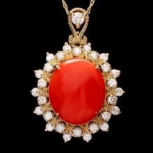 14K Gold 5.56ct Coral 0.86ct Diamond Pendant