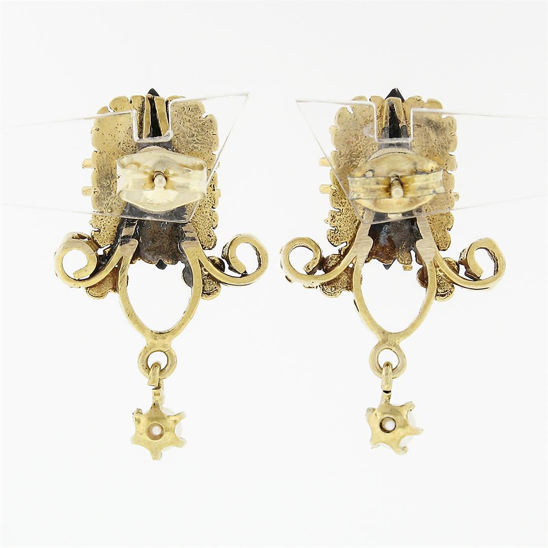 Vintage Victorian Revival 14k Gold Lozenge Black Onyx Pearl Drop Dangle Earrings