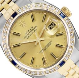 Rolex Mens 2T 18K Yellow Gold Diamond And Sapphire Bezel Datejust With Rolex Box