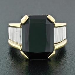 Vintage Unisex 18k Gold & Platinum Large Rectangular Black Onyx Step Design Ring