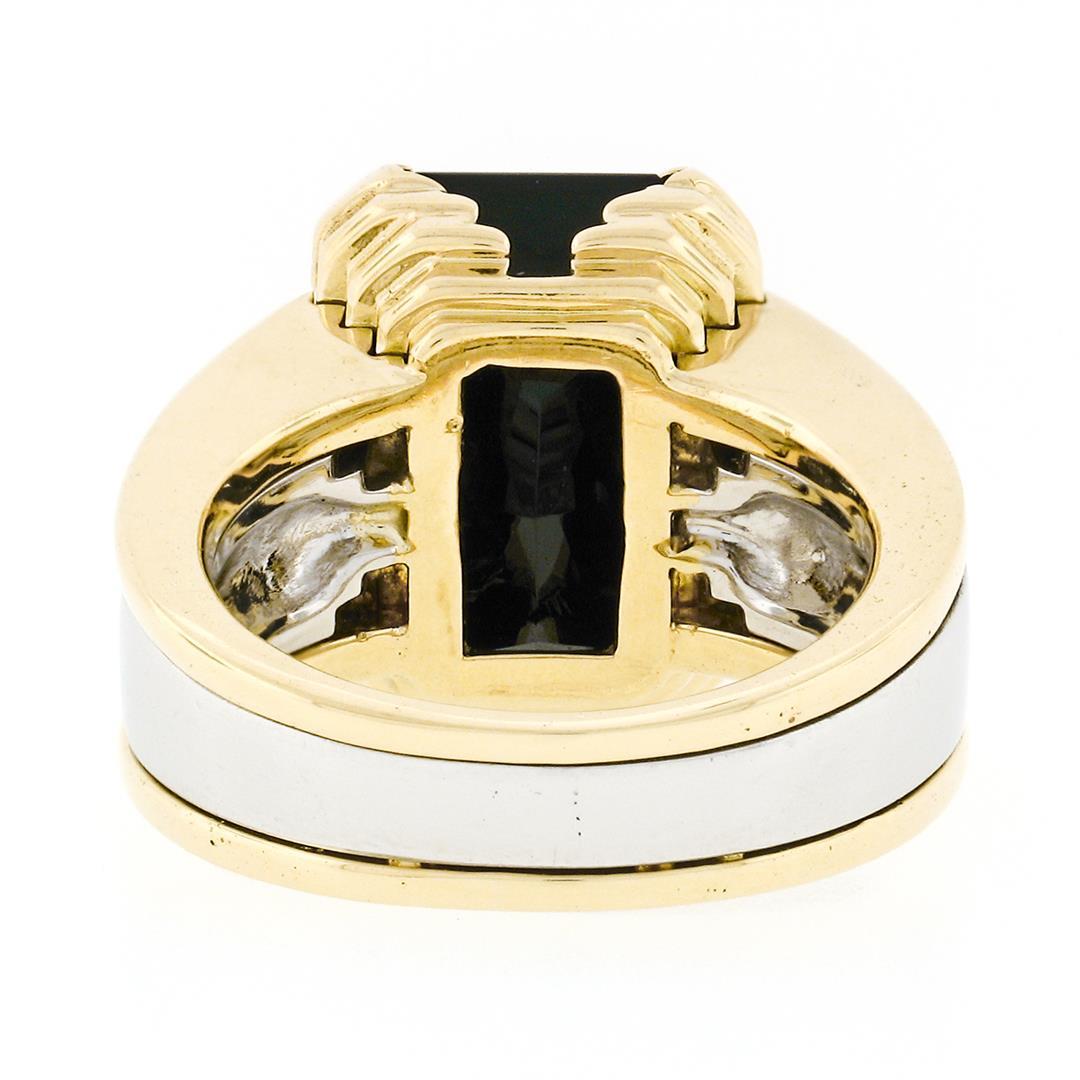 Vintage Unisex 18k Gold & Platinum Large Rectangular Black Onyx Step Design Ring