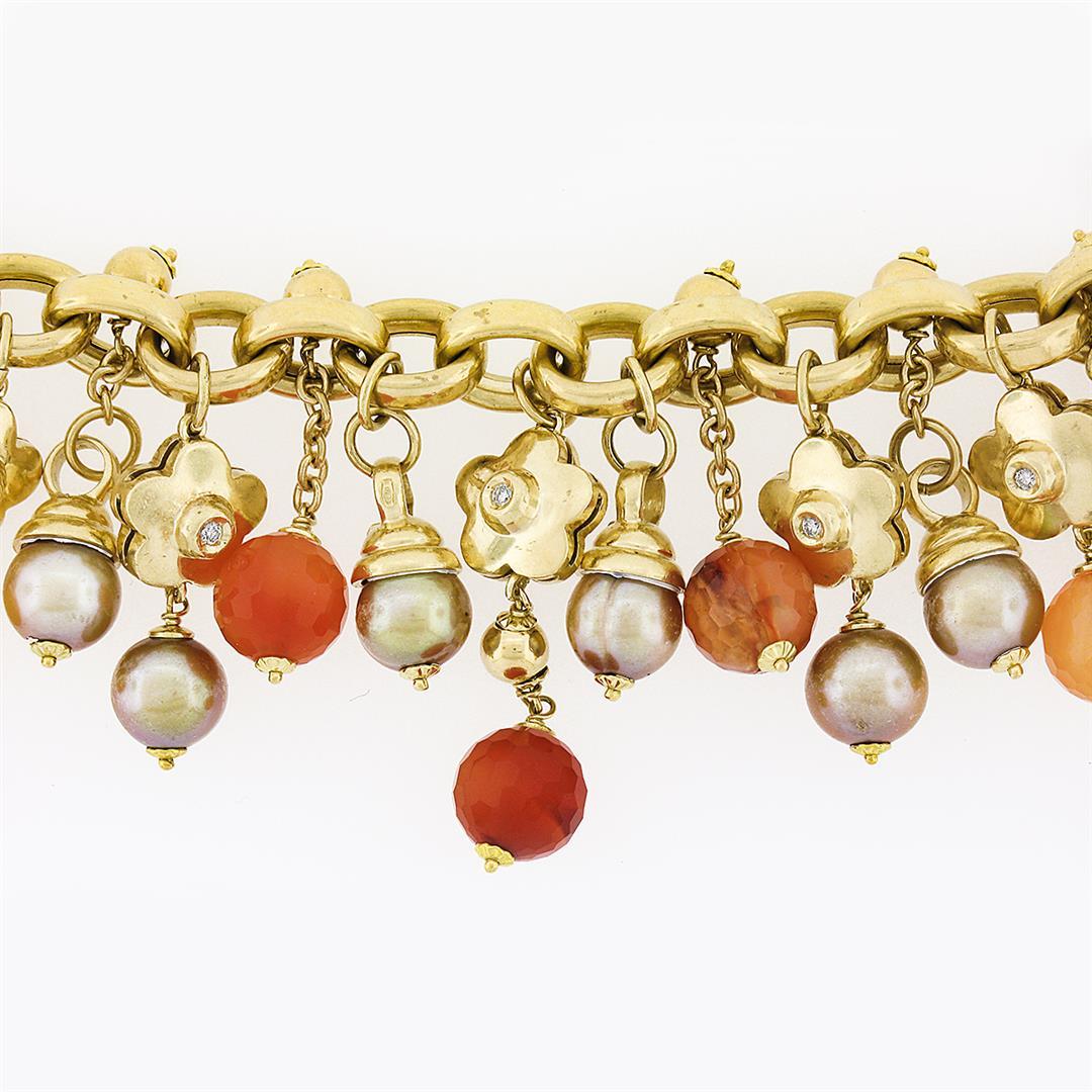 Bonato 18k Gold Diamond Flower Pearl Orange Quartz Beaded Dangle Charm Bracelet