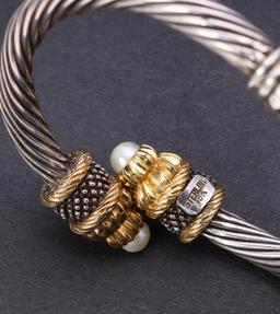 Vintage Sterling Silver & 18K Gold Crossover Bracelet with Natural Pearls