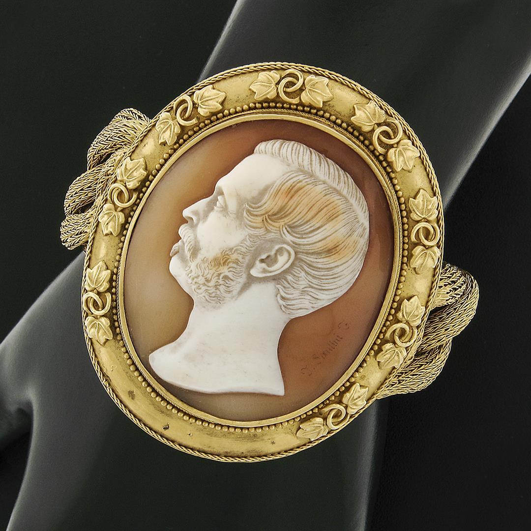 Antique Victorian 21k Gold LARGE Thomas Saulini Cameo Curb Mesh Link Bracelet