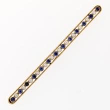 Antique Krementz 14k Gold 1.30 ctw Old Sapphire Natural Pearl Long Bar Pin Brooc