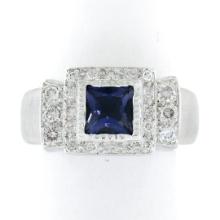 14K White Gold 1.65 ctw Princess Iolite Bezel Solitaire Diamond Halo Brushed Rin