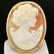 Vintage 14k Yellow Gold Polished Frame Carved Shell Cameo Brooch Pin Pendant