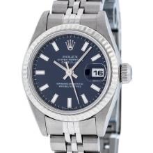 Rolex Ladies Quickset Stainless Steel Blue Index 26MM 18K White Gold Bezel Datej