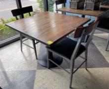 WOOD TABLE 3 FT. X 3 FT. WITH 4 CHAIRS, BLK LEATHER AND WOOD