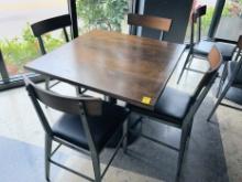 3 FT. X 3 FT. WOOD TABLE WITH 4 CHAIRS, BLK LEATHER AND WOOD X $
