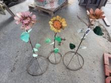 (3) Metal Flower Yard Art