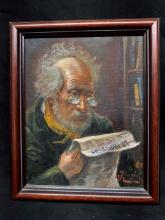 Framed Art by VLADIMIR STOJANOVIC. Man reading Le Parisien, oil on canvas, signed and dated 1985
