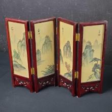 Vintage Chinese 4 Panel Screen Artist Hand Painted Silk Lacquer Rose Wood