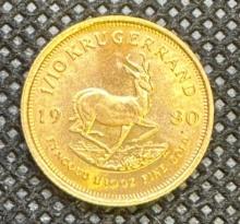 1/10 Oz .9999 Fine Gold 1980 Krugerrand Bullion Coin