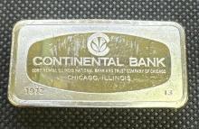 2 Oz Sterling Silver Franklin Mint Continental Bank Chicago Illinois Bullion Bar