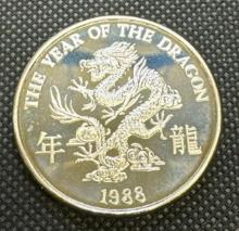 1988 Year Of The Dragon 1 Troy Oz .999 Fine Silver Bullion Coin