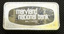 2.2 Oz Franklin Mint Maryland National Bank Sterling Silver Bullion Bar