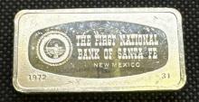 2.2 Oz Sterling Silver Franklin Mint 1st National Bank Of Santa Fe Bullion Bar
