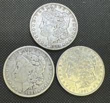 3x 1881 Morgan Silver Dollars 90% Silver Coins