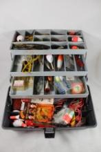 Flambeau 3 tray fishing tackle box with fishing items. Used.