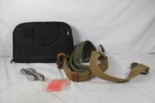 Black nylon case, military rifle sling, ear plugs and one eating utensils fold set. Used.