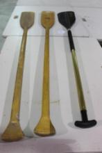 Three boat paddles. Used. Two wood and one fiberglass. 5 ft.