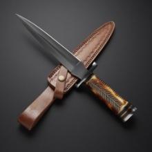 D2 Steel Pointed Dagger with Leaf Design Handle, 8" blade and leather sheath. New in box