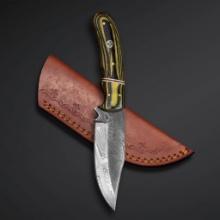 Two Damascus Hunting Knives - Fixed Blade with 4 1/2" blade and leather sheath, new in box