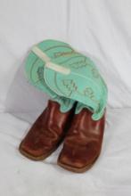 One pair of brown and light blue topped square toe cowboy boots. Size 11 EE. Used.